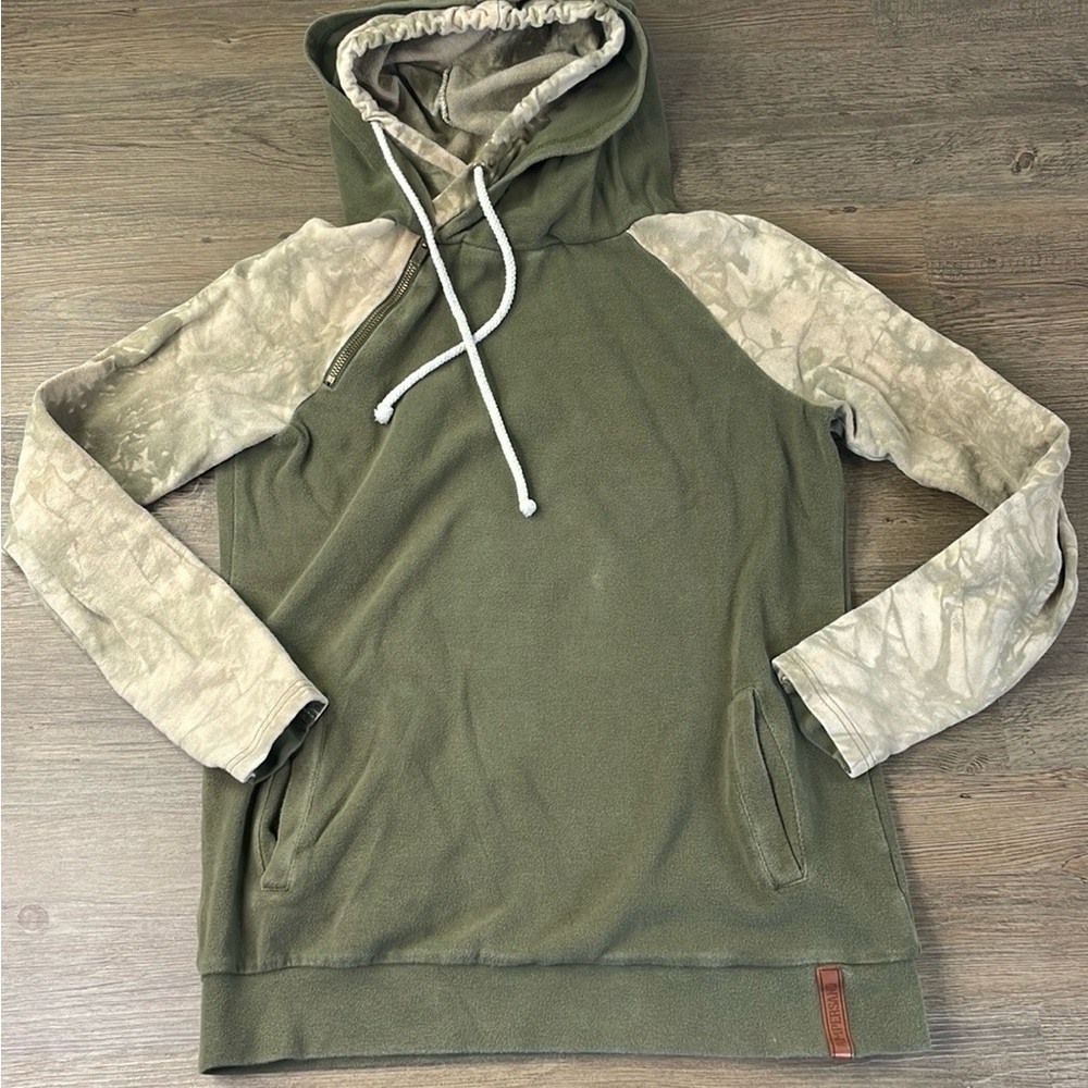 Ampersand Women’s Doublehood Sweatshirt In Olive Tie Dye In Green, Hoodie, sz M